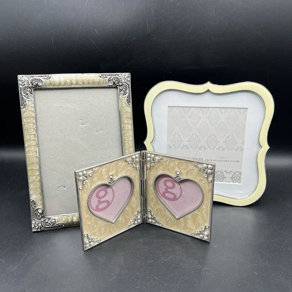 Set Of 3 Enamel Metal & Crystal Picture Frames Neutral Color Cream Beige Silver